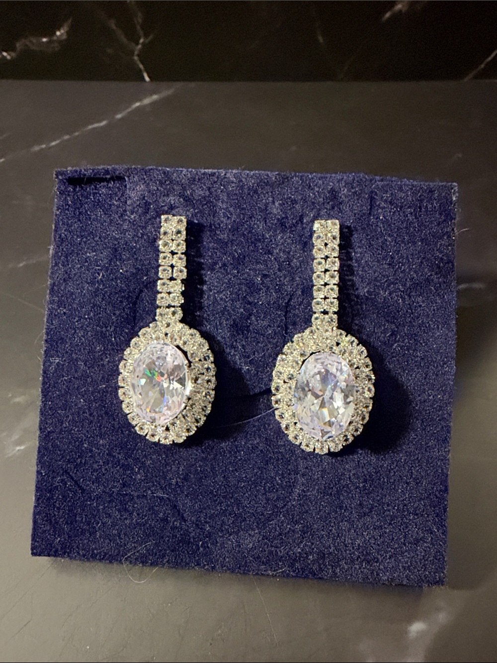 Silver Crystal Drop Earrings - Clear Oval Solitaire Elegant